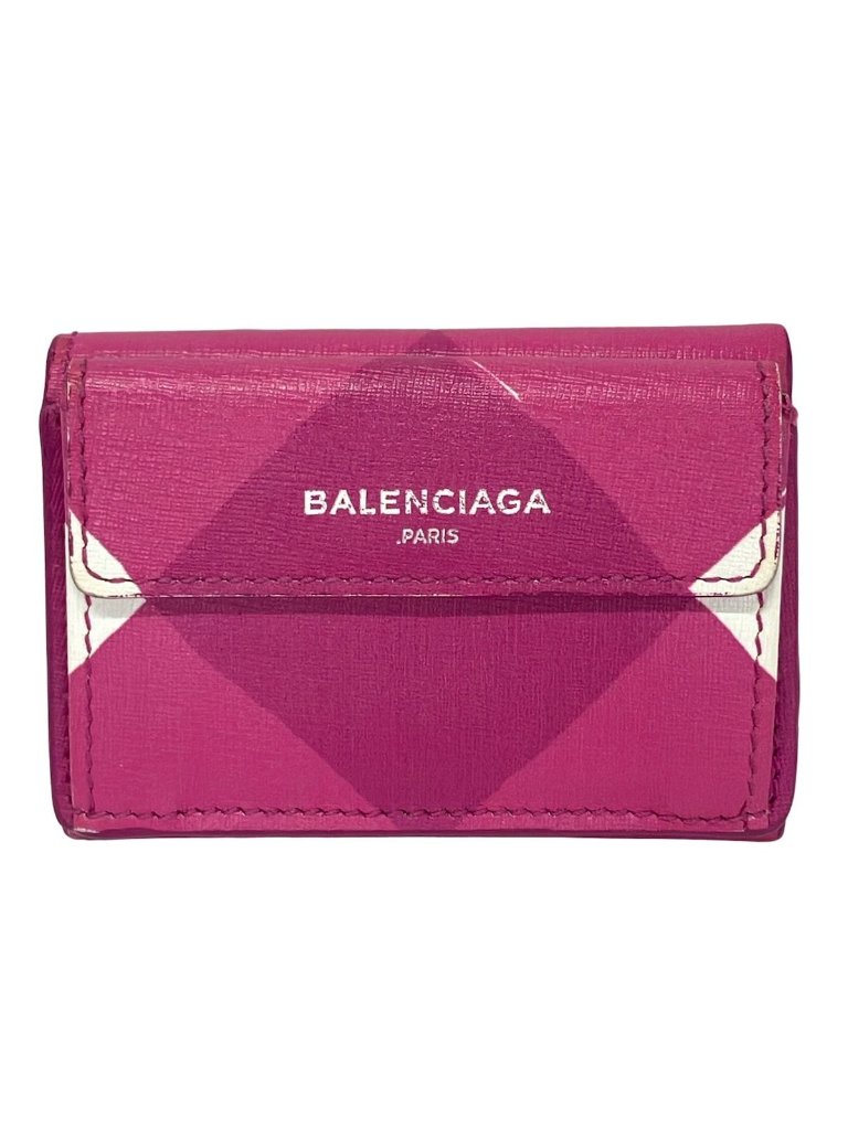 Balenciaga Trifold Wallet Essential Mini Pink Purple White Plaid Leather